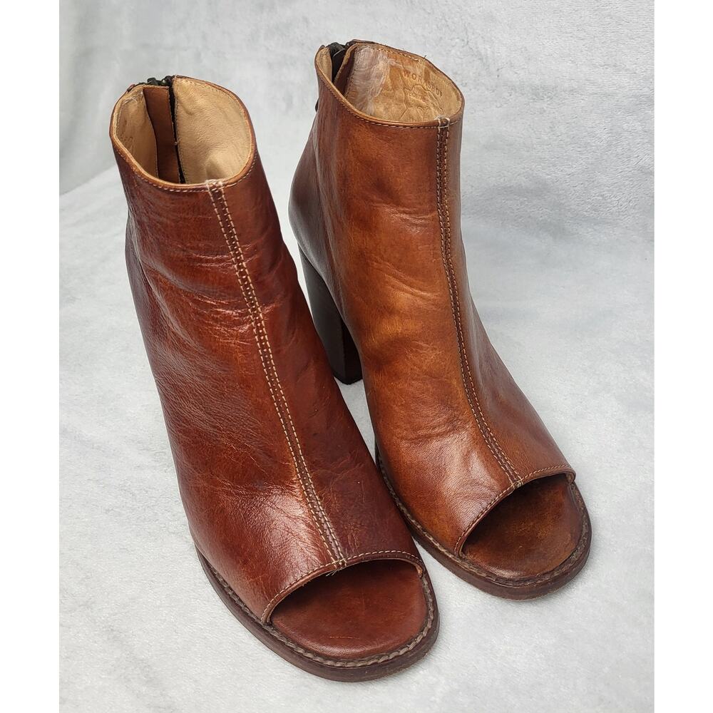 SOLD | BED | STU Onset Leather Ankle Boots Peep Toe Stacked Heel Booties  | 7.5 - Picture 2 of 12
